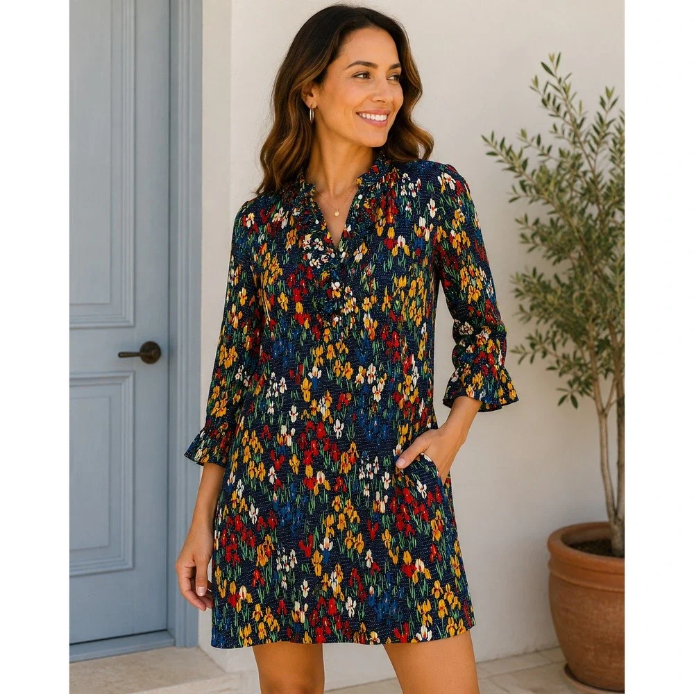 Tory Burch Navy Blue Floral Pleated Ruffle Button Front Shift Mini‎ Dress 6